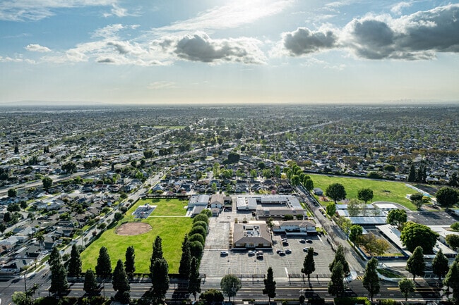 An aerial view of the campus at St Bruno Catholic School in Whittier.