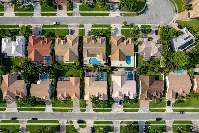 A look down at the colorful homes in the Whisper Walk neighborhood of Boca Raton, FL.