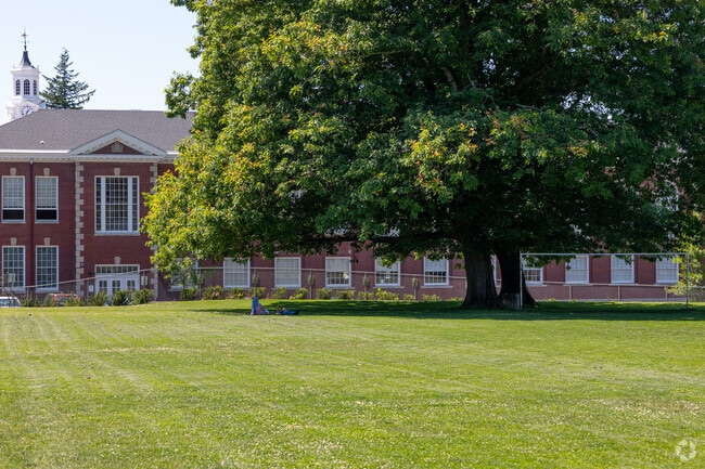 Students in the shade of a large tree by Franklin High School on SE Woodward St in Portland.