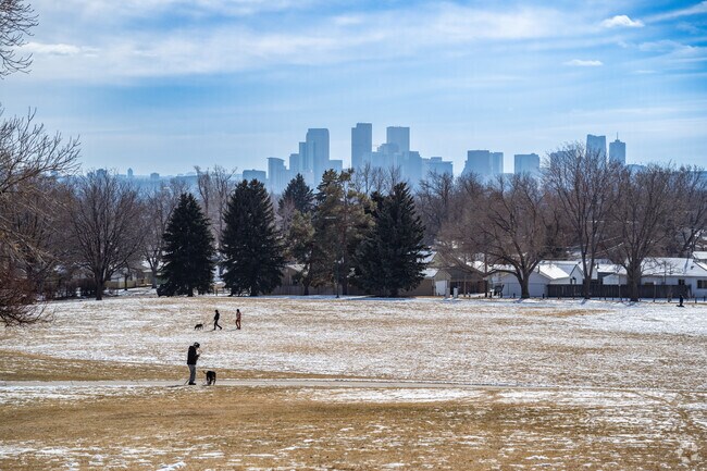 Enjoy city views and open green space at Zuni Park in Chaffee Park, Denver, Colorado.