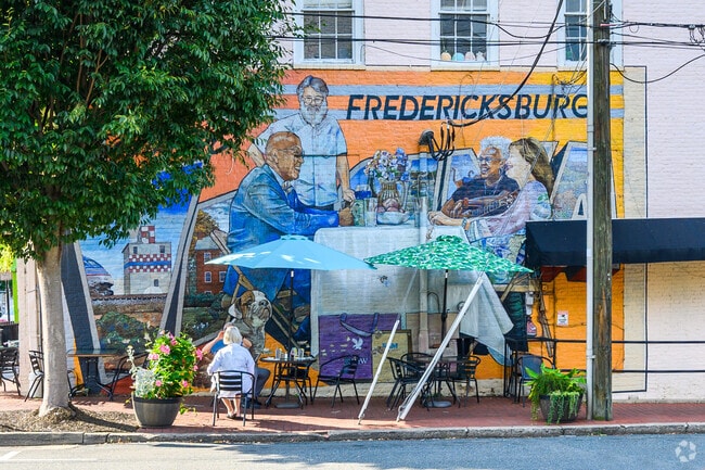 Downtown Fredericksburg features murals on the sides of buildings on Caroline Street.