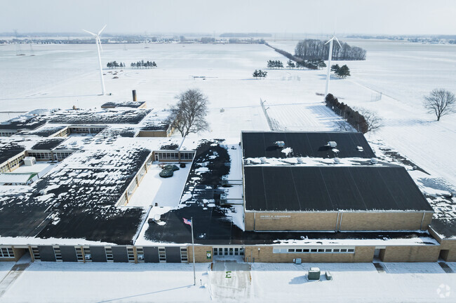 Two windmills tower over Eisenhower Intermediate School.