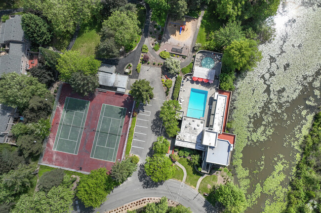 Aerial view of the facilities at the Tanasbrook Condo Community in Triple Creek, Beaverton.