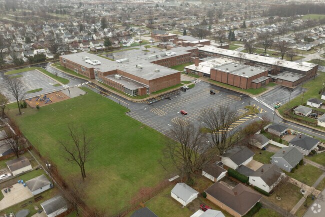 Aerial view of Brooklyn Elementary School, back parking lot, and surrounding neighborhoods.