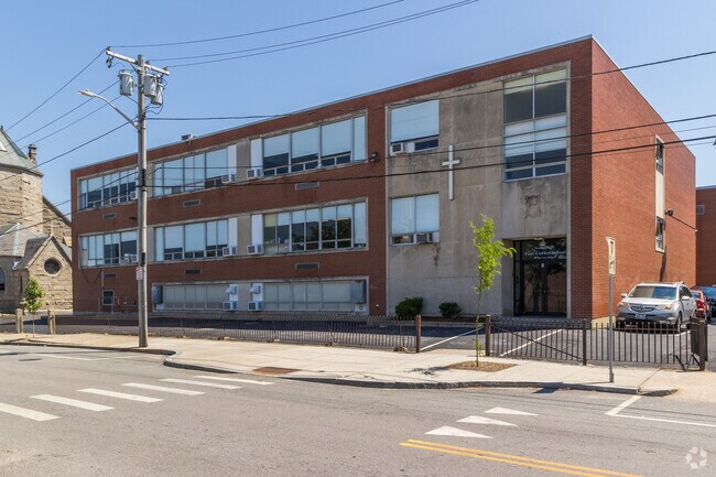 Front right side of Paul Cuffee Middle School in West End, Providence.