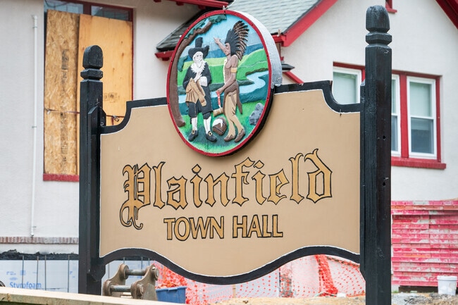 The sign outside Plainfield Town Hall nods to the town’s colonial and Indigenous history.