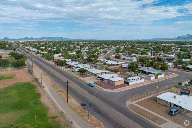 An aerial perspective of the Stella Mann neighborhood.