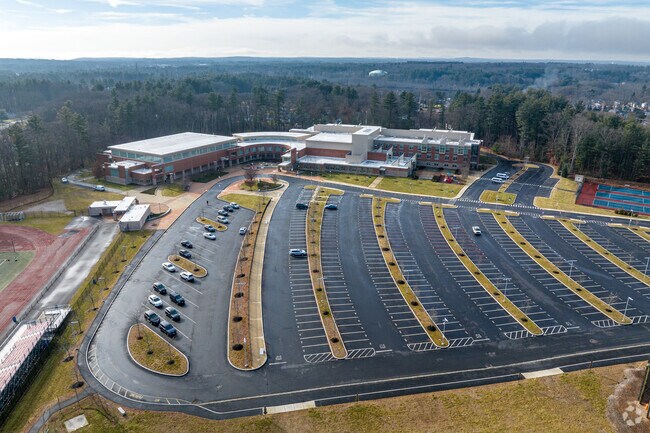 The expansive parking and facilities Tewksbury Memorial High School in Tewksbury, MA.
