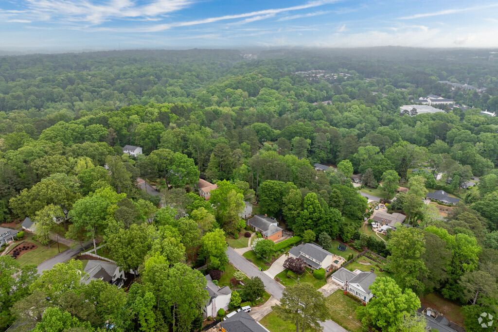 Aerial views of Mountaire Springs showcase its lush tree canopy and charming residential streets tucked into nature.