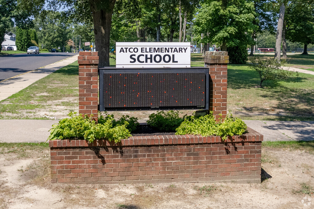 The Atco Elementary School sign welcomes students, staff, and parents in West Monmouth County.