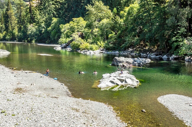 A family with friends are cooling off in th Eel River at Benbow State Recreation Area.