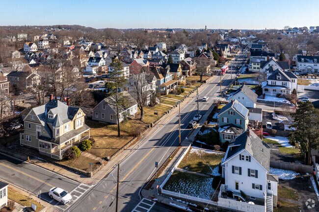 An overview of Central Gloucester along Washington Street towards the downtown area.