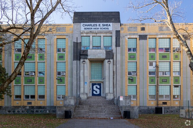 Main Entrance to Charles E Shea High School.