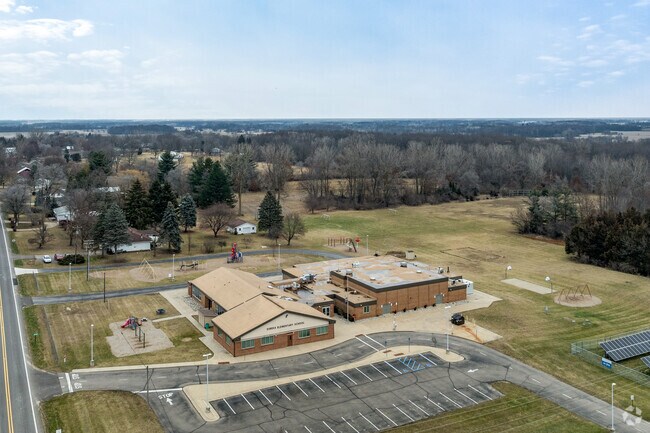 An aerial view of Eureka Elementary School showing context.