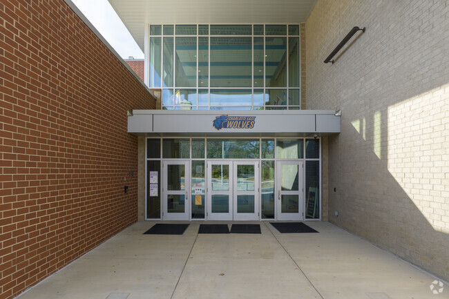 Glass entrance of Charlotte East Language Academy.