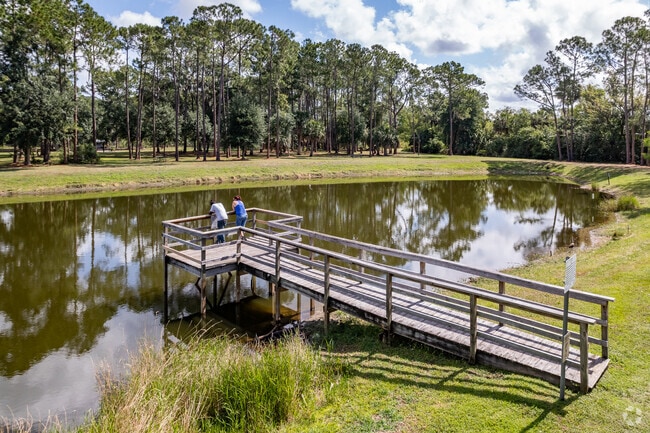 A couple enjoys the serenity of the pond at Aesop's Park in Tavares.