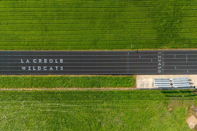 An elevated view of the starting line at La Creole Middle School track and field.