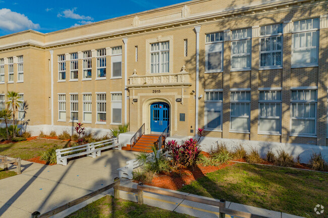 Graham Elementary front door are blue.