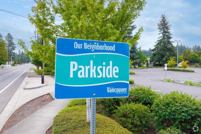 A sign on NE 28th St welcomes you to the Parkside Neighborhood.