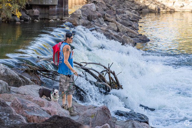 A Grove resident stops by the rushing water of the Arkansas River while walking his dog.
