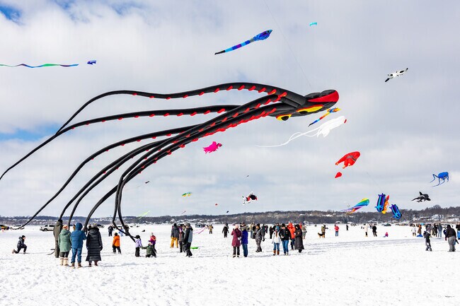 Only minutes from Delano, kites large and small take to the sky during the annual Kites On Ice Festival in Buffalo.