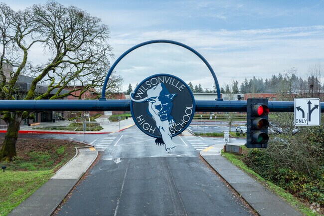 A wildcat hangs over the front of Wilsonville High School on SW Wilsonville Rd in Wilsonville.