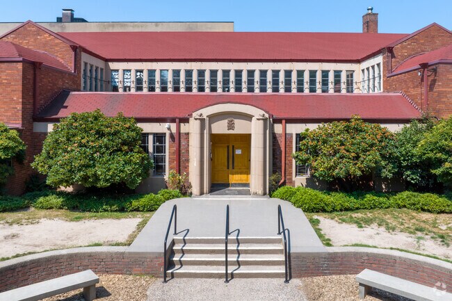 A grand entrance welcomes students to the Emerson School on NW 20th Ave in Uptown Portland.