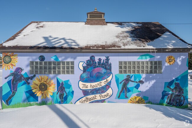 Vibrant mural at the Northeast Athletic Fields in Northeast Park.