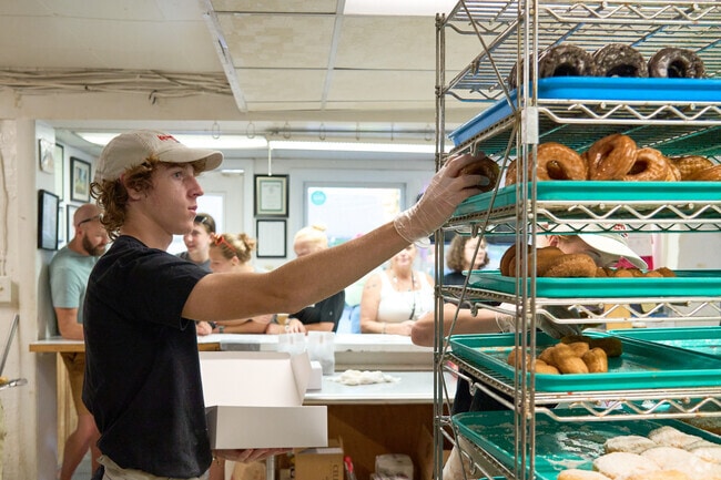Hungry customers line up at Krumpe's for the best donuts in town.