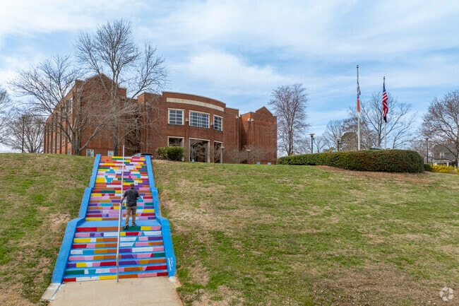 The Hix Recreation Park leads visitors to the Oxford City Hall with a beautiful, colorful mural staircase.