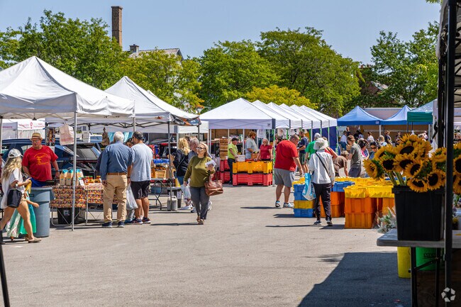 Shoppers enjoy browsing vendor displays at Schaumburg Farmers Market.