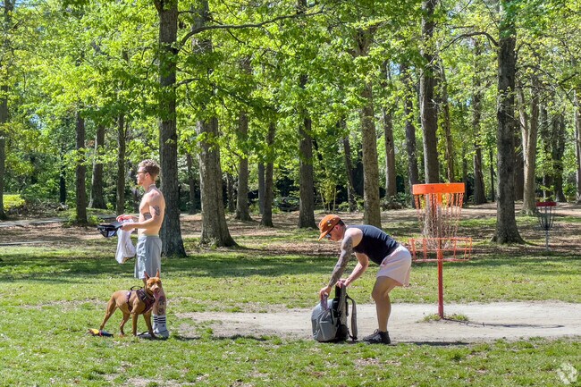 Under the vibrant sunshine at Bayville Farms Park, people navigate the disc golf course.
