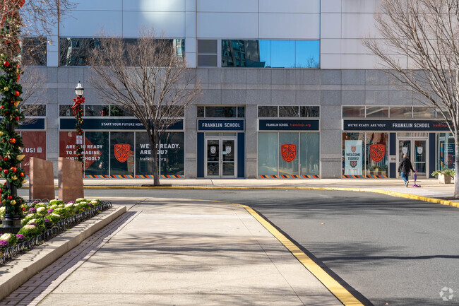 The entrance to the Franklin School lies right across the street from Newport Town Square Park.