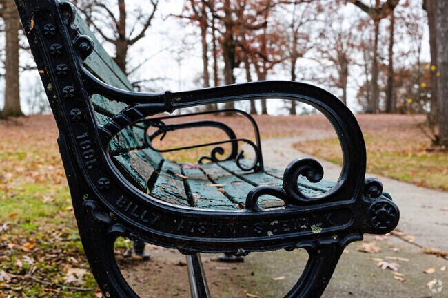 Benches are located throughout William Byrd Park bordering walking paths.