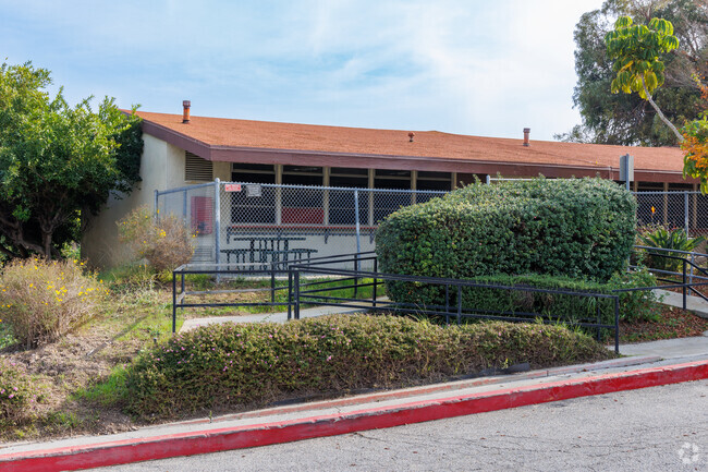 Rancho Vista Elementary School main entrance among the trees.