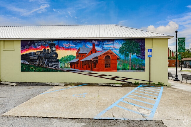 Vibrant murals decorate the downtown area of Perry, this one pays homage to the steam locomotive era of the city's history.