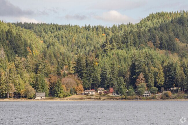 A row of cabin style homes along the waterfront in Quilcene WA.