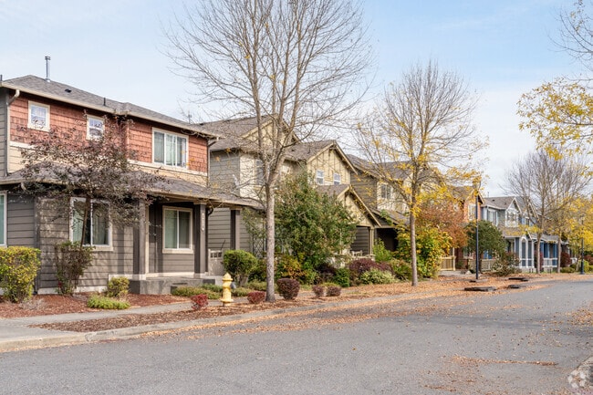 A charming row of homes in Horizon Pointe, each with a unique style and welcoming curb appeal.