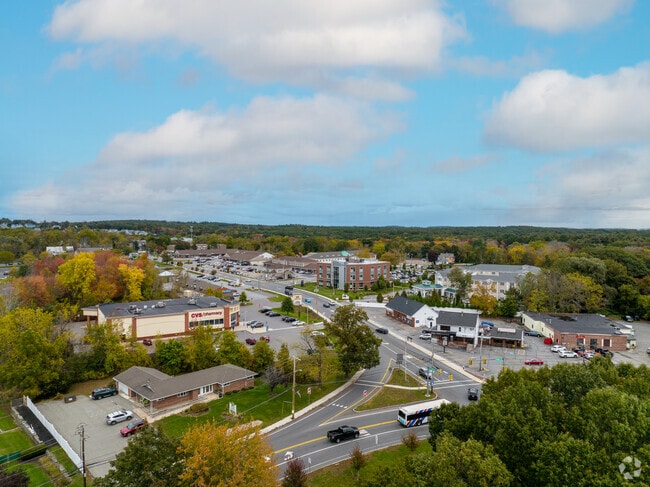An aerial overview of the main downtown shopping area of Dracut.