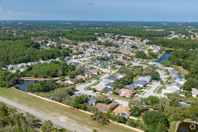 Hunters Ridge is surrounded by lush green oak trees and tropical vegetation.