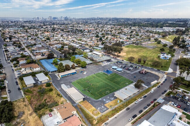 An elevated view of Baker Elementary in Mountain View showing Downtown in the horizon.
