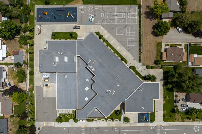 An aerial view shows the interesting building layout at Woodstock Elementary School.