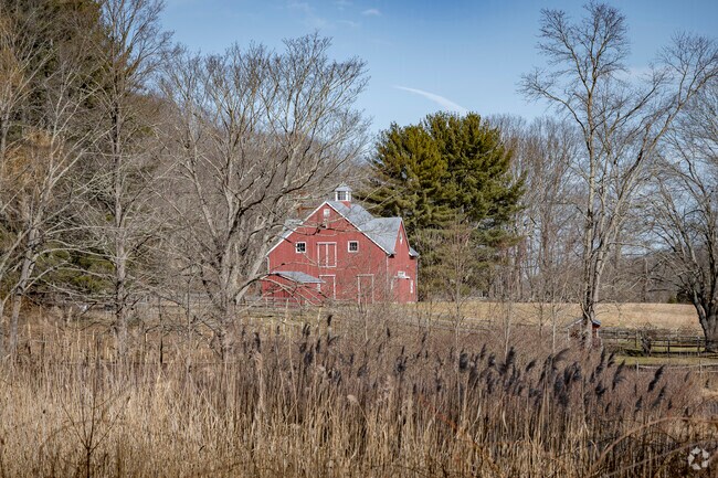 Small ponds, water reeds, and red barns are common along the backroads of Pound Ridge.