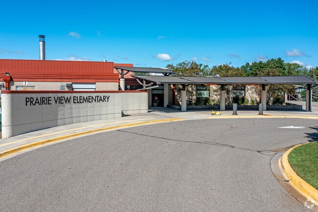 View of the main entrance at Prairie View Elementary located in Eden Prairie MN.