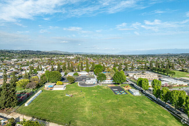 An aerial view of the sports fields at Leffingwell Elementary School in Whittier.