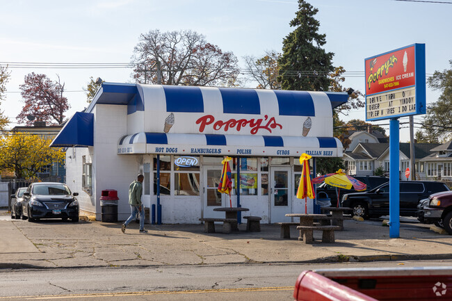 Poppy's is a popular drive through spot serving hamburgers and ice cream.