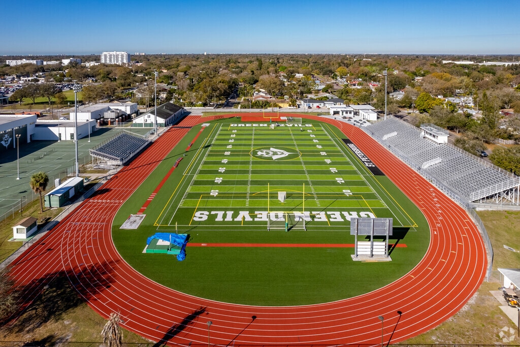 Football field and track at the St. Petersburg High School.