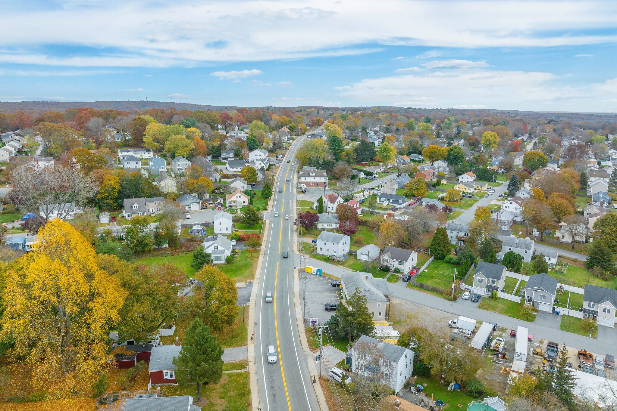 An aerial view of Grant Mills-Diamond Hill reveals its stunning fall foliage.