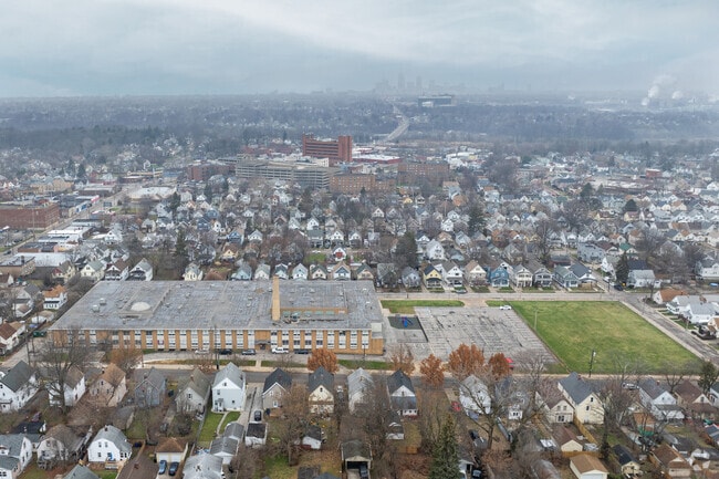 Aerial view of Charles A Mooney School and the surrounding neighborhoods.