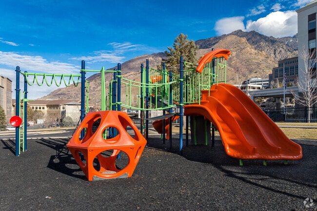Intermountain Christian School has a brightly colored playground with mountain views.